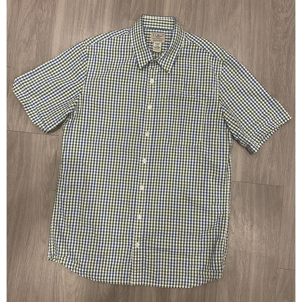 LL Bean Shirt Mens Medium Tall Seersucker Plaid Organic Cotton Button Up Outdoor